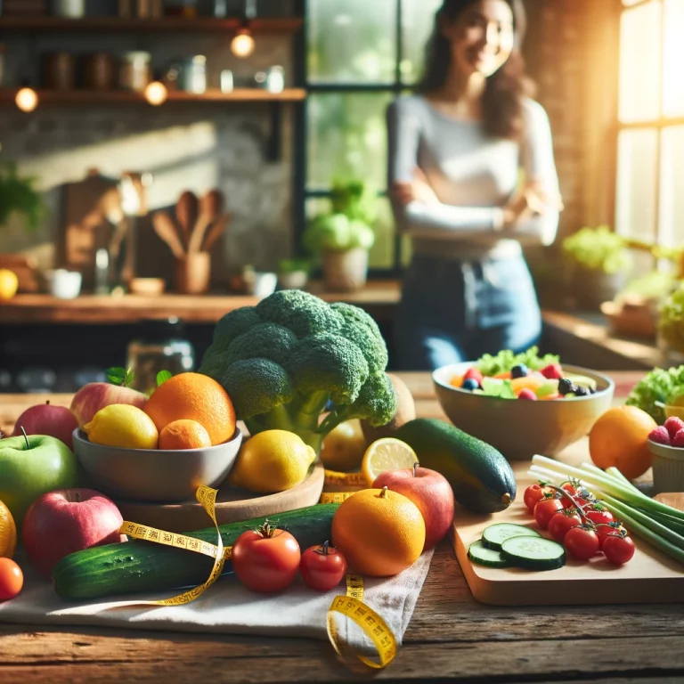 DALL·E 2024 06 07 11.38.47 A serene kitchen scene with fresh fruits vegetables and whole foods on a wooden table represe